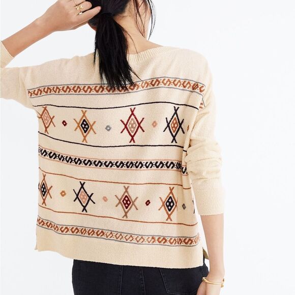 New Madewell Embroidered Reseda Pullover Sweater Cotton XS H6909 Southwestern - Picture 3 of 7